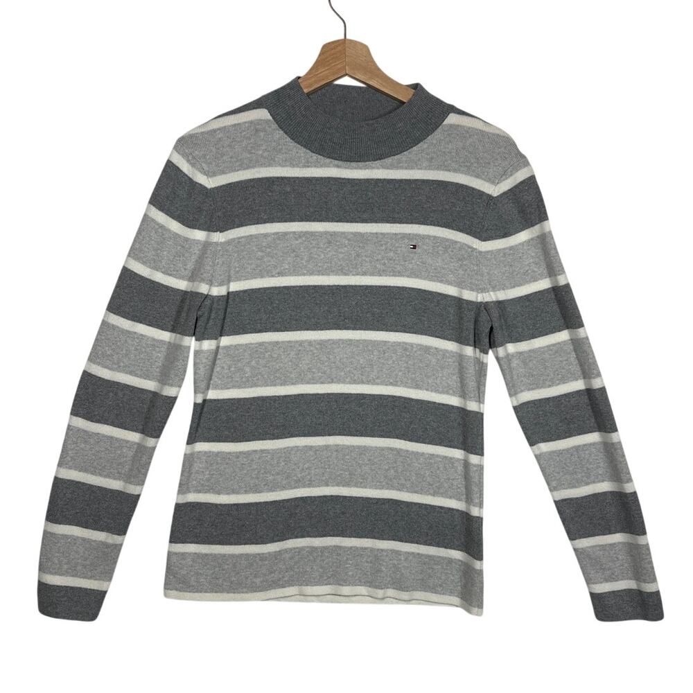 Tommy Hilfiger Women’s Cotton Mock Neck Striped Sweater Gray/White Size L